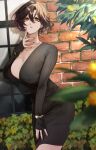  1girl absurdres black_dress black_hair blurry blurry_foreground bracelet breasts brick_wall cleavage dress earrings finger_to_cheek flower gold_osmanthus hand_on_own_thigh highres jewelry large_breasts leaning_forward looking_at_viewer mature_female mole mole_on_neck nail_polish necklace nekotokage nijisanji orange_eyes orange_flower parted_lips red_nails ribbed_sweater ring shirayuki_tomoe short_hair sleeves_past_wrists solo sweater sweater_dress virtual_youtuber watch window wristwatch 