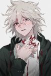  1boy artist_name blood boleum_(dgrpluna) danganronpa_(series) danganronpa_2:_goodbye_despair green_jacket grey_eyes grey_hair hair_between_eyes hand_up highres jacket komaeda_nagito long_sleeves male_focus medium_hair messy_hair open_clothes open_jacket open_mouth simple_background smile solo white_background 