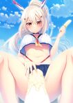  1girl ayanami_(azur_lane) azur_lane bare_legs black_choker blonde_hair blush breasts choker commentary_request covered_nipples crop_top cropped_shirt day food from_below hair_between_eyes hand_up headgear highres holding_ice_cream knees_up legs long_hair looking_at_viewer looking_down m_legs medium_breasts midriff miniskirt navel neckerchief no_bra noukatu orange_eyes outdoors panties parted_lips phallic_symbol ponytail popsicle red_eyes school_uniform serafuku sexually_suggestive skirt solo spread_legs stomach thighs underwear upskirt very_long_hair white_panties white_serafuku yellow_neckerchief 