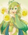  1girl aged_up bad_link breasts cape cleavage detached_sleeves earrings final_fantasy final_fantasy_iv green_eyes green_hair hair_ornament jewelry long_hair open_mouth rydia_(ff4) solo thighhighs 
