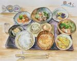  bowl chopsticks cup cutlery food highres miso_soup no_humans ooy33151086 original painting_(medium) realistic rice soup still_life traditional_media tray vegetable watercolor_(medium) 