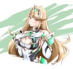  1girl blonde_hair breasts circlet cleavage cleavage_cutout closed_mouth clothing_cutout dress earrings elbow_gloves gloves highres jewelry long_hair mythra_(xenoblade) myukom smile solo swept_bangs upper_body white_background white_dress white_gloves xenoblade_chronicles_(series) xenoblade_chronicles_2 xenoblade_chronicles_2:_torna_-_the_golden_country yellow_eyes 