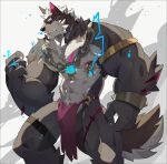  anthro bottomwear bulge canid canine claws clothing cocoka0525 countershade_face countershade_fur countershade_torso countershading fur hi_res loincloth male mammal muscular muscular_anthro muscular_male nipple_piercing nipples piercing solo tail 