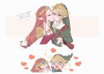  &gt;_&lt; 1boy 1girl blonde_hair blue_eyes blush braid braided_ponytail brown_hair chibi cropped_torso earrings forehead_jewel gloves green_tunic hair_ornament hat highres jewelry kiss kissing_cheek link long_hair marina_(mrn9) pointy_ears princess_zelda surprise_kiss surprised the_legend_of_zelda the_legend_of_zelda:_twilight_princess upper_body 