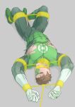  1boy artist_name bara black_bodysuit bodysuit boots bound bound_arms bound_legs bound_wrists brown_hair covered_abs dc_comics domino_mask evinist gagged gloves green_bodysuit green_lantern green_lantern_(series) grey_background hal_jordan highres jewelry large_pectorals male_focus mask muscular muscular_male nipples pectorals restrained ring short_hair simple_background solo thick_thighs thighs torn_bodysuit torn_clothes torn_mask two-tone_bodysuit white_gloves 