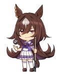  1girl 8-ball animal_ears ball billiard_ball bow brown_hair chibi cue_stick ear_ornament highres holding_cue_stick horse_ears horse_girl horse_tail horseshoe_ornament ido_(teketeke) long_hair multicolored_hair pleated_skirt purple_bow purple_shirt red_eyes sailor_collar school_uniform serafuku shirt simple_background sirius_symboli_(umamusume) skirt solo summer_uniform tail thighhighs tracen_school_uniform umamusume white_background white_sailor_collar white_skirt white_thighhighs 