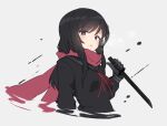  1girl azu_ankoowl black_gloves black_hair black_serafuku black_shirt gloves holding holding_weapon long_hair long_sleeves looking_at_viewer mole mole_under_mouth parted_lips red_eyes red_ribbon red_scarf ribbon sailor_collar sayo_samonji_(tenka_hyakken) scarf school_uniform serafuku shirt short_sword sidelocks sword tantou tenka_hyakken upper_body weapon 