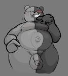  2023 anthro anthrofied balls bear belly big_balls black_body black_fur blush bodily_fluids danganronpa fur genitals glans grey_background grin half-erect hi_res humanoid_genitalia humanoid_penis locitony male mammal monokuma moobs navel nervous nipples nude outie_navel overweight overweight_male penis portrait red_eyes round_ears sharp_teeth simple_background smile solo spike_chunsoft split_form sweat sweatdrop sweaty_face teeth thick_thighs three-quarter_portrait white_body white_fur 