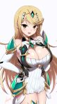  1girl :d black_gloves blonde_hair breasts cleavage cleavage_cutout clothing_cutout dress elbow_gloves gloves highres kasai_shin large_breasts light_blush long_hair looking_at_viewer mythra_(xenoblade) short_dress signature smile solo swept_bangs thighlet tiara two-tone_gloves white_background white_dress xenoblade_chronicles_(series) xenoblade_chronicles_2 yellow_eyes 