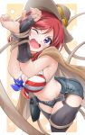  1girl absurdres american_flag_bikini bikini blue_shorts bound bound_wrists breasts brown_cape brown_headwear cape chaps cleavage cowboy_hat denim denim_shorts flag_print hat highres holster kirisaki_reina large_breasts love_live! love_live!_school_idol_project micro_shorts nishikino_maki one_eye_closed open_mouth purple_eyes red_hair rope short_hair shorts solo swimsuit 