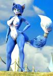  2023 3d_(artwork) anthro areola big_breasts blue_body blue_fur blue_hair breasts canid canine claws curvy_figure detailed_background digital_media_(artwork) feet female fingers fluffy fluffy_tail fox fur genitals hair hand_on_hip hand_on_own_hip krystal long_tail looking_at_viewer mammal multicolored_body multicolored_fur navel nintendo nipples nude outside pussy short_hair smile solo source_filmmaker star_fox tail teal_eyes toe_claws toes two_tone_body two_tone_fur viper-desires white_body white_fur 