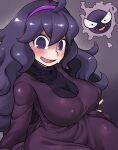  1girl @_@ absurdres blush breasts covered_nipples dress fangs gastly hex_maniac_(pokemon) highres kurozu_(crozu) large_breasts looking_at_viewer open_mouth pokemon pokemon_(game) pokemon_xy purple_dress purple_eyes purple_hair simple_background sitting smile solo sweat taut_clothes taut_dress wide_hips 