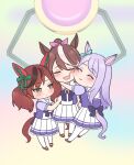  3girls :d animal_ears blue_ribbon blurry blurry_background blush bow brown_eyes brown_footwear brown_hair cheek-to-cheek closed_eyes closed_mouth commentary_request crane_game depth_of_field ear_bow ear_ribbon green_bow hair_between_eyes hair_ribbon heads_together highres horse_ears horse_girl horse_tail long_hair mejiro_mcqueen_(umamusume) multicolored_hair multiple_girls nice_nature_(umamusume) pantyhose pink_ribbon pleated_skirt ponytail purple_bow purple_hair purple_shirt reo_neko3 ribbon shirt shoes skirt smile streaked_hair tail tail_through_clothes tokai_teio_(umamusume) twintails umamusume very_long_hair white_hair white_pantyhose white_skirt 