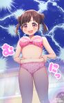  1girl artist_name bathroom belly_grab blush bra breasts brown_eyes brown_hair cherry double_bun electricity embarrassed fat food fruit hair_bun highres idolmaster idolmaster_shiny_colors large_breasts lightning long_hair mirror navel open_mouth panties pink_bra pink_panties plump red_eyes solo sonoda_chiyoko soramame_tomu sweatdrop underwear washing_machine wavy_mouth 