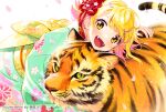  1girl animal_hug blush chinese_zodiac fangs flipped_hair hair_ornament highres japanese_clothes kanzashi kimono looking_at_viewer multicolored_hair nail_polish new_year nishida_yuu obi open_mouth original pink_hair sash short_hair smile solo tiger white_hair year_of_the_tiger yellow_eyes 