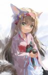  1girl :&lt; animal_ears apron arknights ball blush brown_hair closed_mouth cup flower fox_ears fox_girl fox_tail green_eyes hair_flower hair_ornament hairband highres holding holding_cup japanese_clothes kimono long_hair long_sleeves looking_at_viewer multiple_tails newnand official_alternate_costume pink_kimono red_hairband solo suzuran_(arknights) suzuran_(yukibare)_(arknights) tail temari_ball very_long_hair waist_apron white_apron white_flower wide_sleeves 