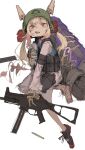  1girl absurdres animal_ears blonde_hair blue_vest bottle fake_animal_ears gradient_hair grenade_hair_ornament gun h&amp;k_ump highres holding holding_bottle holding_gun holding_weapon ikine_tomeru indie_virtual_youtuber kappa_modoki multicolored_hair open_mouth pill red_eyes red_hair shinsougumi shirt sidelocks solo submachine_gun tactical_clothes teeth tongue tongue_out twintails upper_teeth_only vest weapon white_background white_shirt 