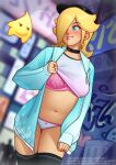  1girl alternate_costume artist_name black_choker black_thighhighs blonde_hair blue_eyes blue_hoodie blush bra choker city clothes_lift day deilan12 deviantart_username earrings hair_over_one_eye hood hoodie jewelry long_hair looking_at_another luma_(mario) mario_(series) navel open_clothes open_hoodie outdoors panties patreon_username pink_bra rosalina shirt shirt_lift star_(symbol) star_earrings thighhighs twitter_username underwear watermark web_address white_panties white_shirt 