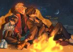  1girl 2boys black_hair blue_headwear brown_footwear cigarette closed_eyes coat earrings fire highres jacket jewelry koyaya meryl_stryfe moon multiple_boys nicholas_d._wolfwood night night_sky open_mouth red_coat sky sleeping smoking star_(sky) starry_sky sunglasses trigun trigun_stampede vash_the_stampede white_footwear white_jacket 