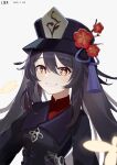  1girl absurdres artist_name black_coat black_hair black_headwear bright_pupils coat dated flower flower-shaped_pupils genshin_impact grin hair_between_eyes hat hat_flower hat_tassel highres hu_tao_(genshin_impact) long_hair looking_at_viewer lqk_(pixiv_40481191) mandarin_collar orange_eyes simple_background smile solo symbol-shaped_pupils twintails upper_body white_background white_pupils 