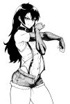  1girl abs bare_shoulders black_hair breasts collar detached_sleeves highres long_hair looking_at_viewer monochrome muscular muscular_female navel open_clothes open_shorts original shirt shorts simple_background sleeveless sleeveless_shirt small_breasts smile solo tank_top thighs websake white_background 