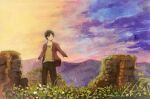  1boy a_chilf_of_evil_(shingeki_no_kyojin) brown_eyes brown_hair child eren_yeager faceless faceless_male field flower flower_field gradient_sky highres kf2impossible looking_to_the_side male_focus mountainous_horizon outstretched_arms painterly pants ruins scenery shingeki_no_kyojin short_hair sky sky_focus solo spread_arms standing wind 
