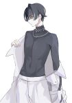  1boy black_hair black_shirt closed_mouth expressionless facing_to_the_side highres itsuki_(paradox_live) jacket looking_ahead male_focus miya_(38magical) multicolored_hair neck_tattoo pants paradox_live removing_jacket shirt short_hair solo tattoo white_hair white_jacket white_pants 