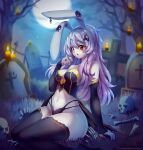  anthro arm_support biped blue_eyes blush bone breasts candle cemetery clothed clothing digital_media_(artwork) ear_piercing eyelashes facial_blush female fence full_moon grass hair halloween heterochromia hi_res holidays lagomorph leporid lit_candle long_hair mammal moon open_mouth outside piercing plant purple_hair rabbit red_eyes shaded sitting sitting_on_ground skeleton skull soft_shading solo tekahika text tombstone tree undead url 