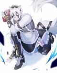  2023 absurd_res anthro belt canid canine canis clothing fingerless_gloves fur gloves hair handwear hi_res maid_uniform male mammal mechanical_leg mihoyo red_eyes solo tail uniform von_lycaon white_body white_fur white_hair white_tail wolf yuyuanpoel zenless_zone_zero 