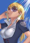  1girl blonde_hair blue_eyes blue_nails bodysuit boku_no_hero_academia breasts claire_voyance cleavage collarbone collared_shirt mana30row nail_polish open_clothes shirt sketch sunglasses sunlight 