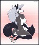  anthro belly big_tail breasts butt canid canid_demon demon ear_piercing female fur grey_hair hair hellhound helluva_boss loona_(helluva_boss) mammal nipples pawpads paws piercing pregnant red_eyes skeletalheart tail white_body white_fur 