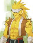  1boy akira_(lowkick) animal_ears blonde_hair breath_of_fire breath_of_fire_iii closed_mouth colored_skin facial_mark green_eyes headband long_hair looking_at_viewer male_focus muscular muscular_male rei_(breath_of_fire) solo yellow_skin 