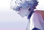  1boy hunter_x_hunter killua_zoldyck layered_sleeves long_sleeves male_child male_focus onun profile shirt short_hair short_over_long_sleeves short_sleeves simple_background solo upper_body white_background white_hair white_shirt 