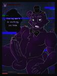  animatronic anthro balls bear big_penis black_eyes bodily_fluids bow_tie chest_tuft clothing dialogue digital_drawing_(artwork) digital_media_(artwork) five_nights_at_freddy&#039;s five_nights_at_freddy&#039;s_2 genital_fluids genitals glitch hand_on_leg hand_on_thigh hat headgear headwear hi_res hornbunxx leaking_precum looking_at_viewer machine male mammal missing_ear musclegut muscular muscular_male nude open_mouth penis precum pubes pupils purple_body robot scottgames shadow shadow_freddy_(fnaf) sitting solo speech_bubble teeth text top_hat tuft vein veiny_penis watermark white_pupils wire 