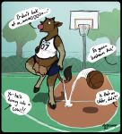  anthro ball basketball basketball_(ball) basketball_court basketball_hoop basketball_uniform belly bovid bovine brown_body brown_fur cattle chain-link_fence clothed clothing dialogue embarrassed english_text female fence fingers fur gender_transformation hi_res hooved_fingers hooves horn human_to_anthro mammal mtf_transformation offscreen_character on_one_leg open_mouth outside plant slightly_chubby slightly_chubby_anthro slightly_chubby_female solo species_transformation sportswear standing tail tail_tuft teats text torn_clothing transformation tree tuft udders uniform worried yafath 