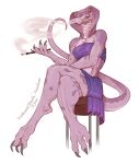  anthro barefoot breasts claws clothed clothing cobra feet female kredri pink_body red_eyes reptile scalie simple_background sitting smoking snake solo tail toe_claws toes 