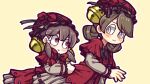  2girls bell black_necktie black_ribbon brown_dress brown_hair closed_mouth collared_dress commentary_request double_bun dress employee_(lobotomy_corporation) frilled_sleeves frills hair_bell hair_bun hair_ornament hair_ribbon hat hat_ribbon hatake_shimeji laetitia_(lobotomy_corporation) lobotomy_corporation long_sleeves multiple_girls neck_ribbon necktie project_moon red_eyes red_headwear red_ribbon red_vest ribbon ringed_eyes simple_background smile vest white_eyes yellow_background 