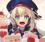  1girl artoria_caster_(fate) artoria_caster_(second_ascension)_(fate) artoria_pendragon_(fate) beret black_bow black_gloves blonde_hair blue_bow blue_headwear blush bow cake collar collared_shirt eating food gem gloves gold_trim green_eyes green_gemstone hair_between_eyes hat highres long_hair long_sleeves open_mouth ruri_rarako shirt simple_background uvula white_shirt 