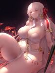  1girl armlet bare_shoulders belly_chain blush body_markings breasts cleavage collarbone durga_(fate) earrings fate/grand_order fate_(series) flower grey_hair hair_ribbon highres jewelry knee_up large_breasts long_hair looking_at_viewer minami_koyogi pelvic_curtain red_eyes revealing_clothes ribbon sash sitting snake solo thick_thighs thighs very_long_hair weapon 