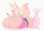  animal_humanoid barefoot big_breasts blonde_hair blue_eyes breasts cakecatboy canid canid_humanoid canine canine_humanoid cinnamon_(cakecatboy) cleavage clothed clothing feet female fox_humanoid hair hi_res huge_breasts huge_thighs humanoid hyper hyper_breasts lying mammal mammal_humanoid on_front phone shadow simple_background solo tail thick_thighs 