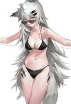  1girl absurdres ahoge animal_ear_fluff animal_ears arknights bikini black_bikini breasts cleavage collarbone grey_eyes grey_hair hair_between_eyes hair_ornament hairclip highres lappland_(arknights) long_hair looking_at_viewer looking_over_eyewear medium_breasts oripathy_lesion_(arknights) outstretched_arms rui_(woyoudabing_rui) scar scar_across_eye scar_on_face simple_background smile solo spaghetti_strap spread_arms sunglasses swimsuit tail very_long_hair white_background wolf_ears wolf_girl wolf_tail 