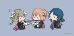  3girls aizawa_kazuha amamiya_sophia_seren assault_lily black_jacket blunt_bangs bow braid brown_hair cape catching chibi commentary cropped_torso cross_print crossed_bangs flying_sweatdrops fork gloves grey_background hair_bow hands_up highres holding holding_fork holding_plate holding_spoon jacket kabayaki_(kabayaki_eel) kishimoto_lucia_raimu long_sleeves looking_at_another looking_at_object looking_to_the_side medium_hair motion_lines multiple_girls no_mouth official_alternate_costume one_side_up open_mouth orange_hair outstretched_arm parted_lips pink_cape plate print_bow purple_cape short_hair simple_background spoon twin_braids twintails white_gloves wide_sleeves 