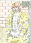  2005 abs anthro armor borni bottomwear clothed clothing facial_hair firefighter firefighter_helmet firefighter_uniform headgear helmet male mammal mature_male mustache navel open_bottomwear open_clothing open_pants pants solo underwear undressing uniform 