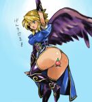  1girl angel_wings ass blonde_hair boots breasts breath_of_fire breath_of_fire_ii dress feathered_wings foot_out_of_frame green_eyes knee_boots long_hair nina_(breath_of_fire_ii) open_mouth puchidori purple_wings simple_background solo spar wings 