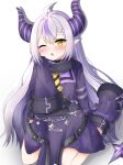  1girl absurdres ahoge black_collar blush breasts coat collar grey_hair hayumi_(hayumi03) highres hololive horns la+_darknesss la+_darknesss_(1st_costume) long_hair metal_collar neckerchief one_eye_closed open_mouth pointy_ears purple_coat purple_hair sidelocks sleeves_past_fingers sleeves_past_wrists small_breasts solo tail virtual_youtuber white_background yellow_neckerchief 