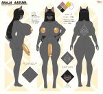  anubian_jackal black_hair breasts butt canid canine canis english_text feet genitals gynomorph hair hi_res intersex jackal mammal model_sheet nipples penis piercing pussy razplus rhaja_aaruna tail tattoo text tongue yellow_eyes 