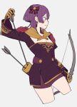  1girl arrow_(projectile) bernadetta_von_varley bow bow_(weapon) cropped_legs do_m_kaeru dress earrings fire_emblem fire_emblem:_three_houses grey_background hair_bow holding holding_arrow jewelry purple_hair quiver shorts_under_dress two-tone_gloves weapon 