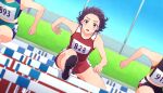  3girls :o blue_sky brown_hair grass honeyworks hurdle jumping kokuhaku_jikkou_iinkai multiple_girls outdoors red_shorts running shoes short_hair shorts sky sleeveless solo suzumi_hiyori tamakingx422x thick_eyebrows track_and_field track_uniform 