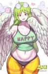  1girl artist_name bare_shoulders breasts cleavage clothes_writing coke-bottle_glasses crop_top domaguri feathered_wings feathers glasses green_hair green_tank_top harpy heart highres large_breasts long_hair midriff mole mole_on_breast mole_on_stomach mole_under_eye monet_(one_piece) monster_girl navel one_piece pantyhose simple_background solo striped striped_pantyhose tank_top tongue tongue_out very_long_hair white_background white_feathers white_wings winged_arms wings yellow_eyes 