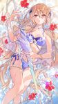  1girl bare_shoulders bikini blonde_hair breasts capelet flower hair_flowing_over hanagata heaven_burns_red highres holding holding_weapon long_hair looking_at_viewer medium_breasts official_alternate_costume parted_lips purple_bikini red_eyes red_flower shirakawa_yuina solo swimsuit water weapon white_capelet 